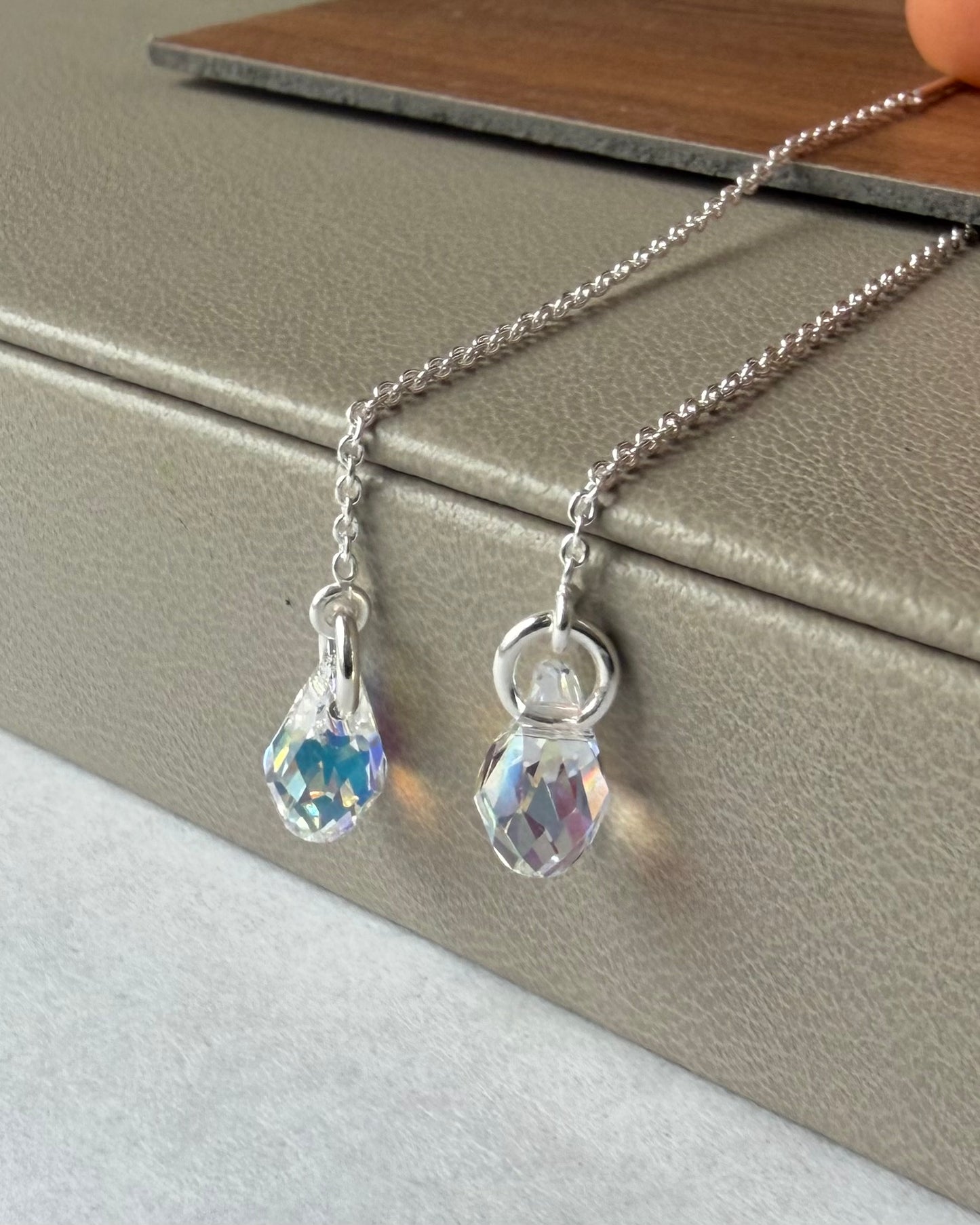 Minimal Swarovski Teardrop Threader Earrings in Sterling Silver or 14K Gold Filled