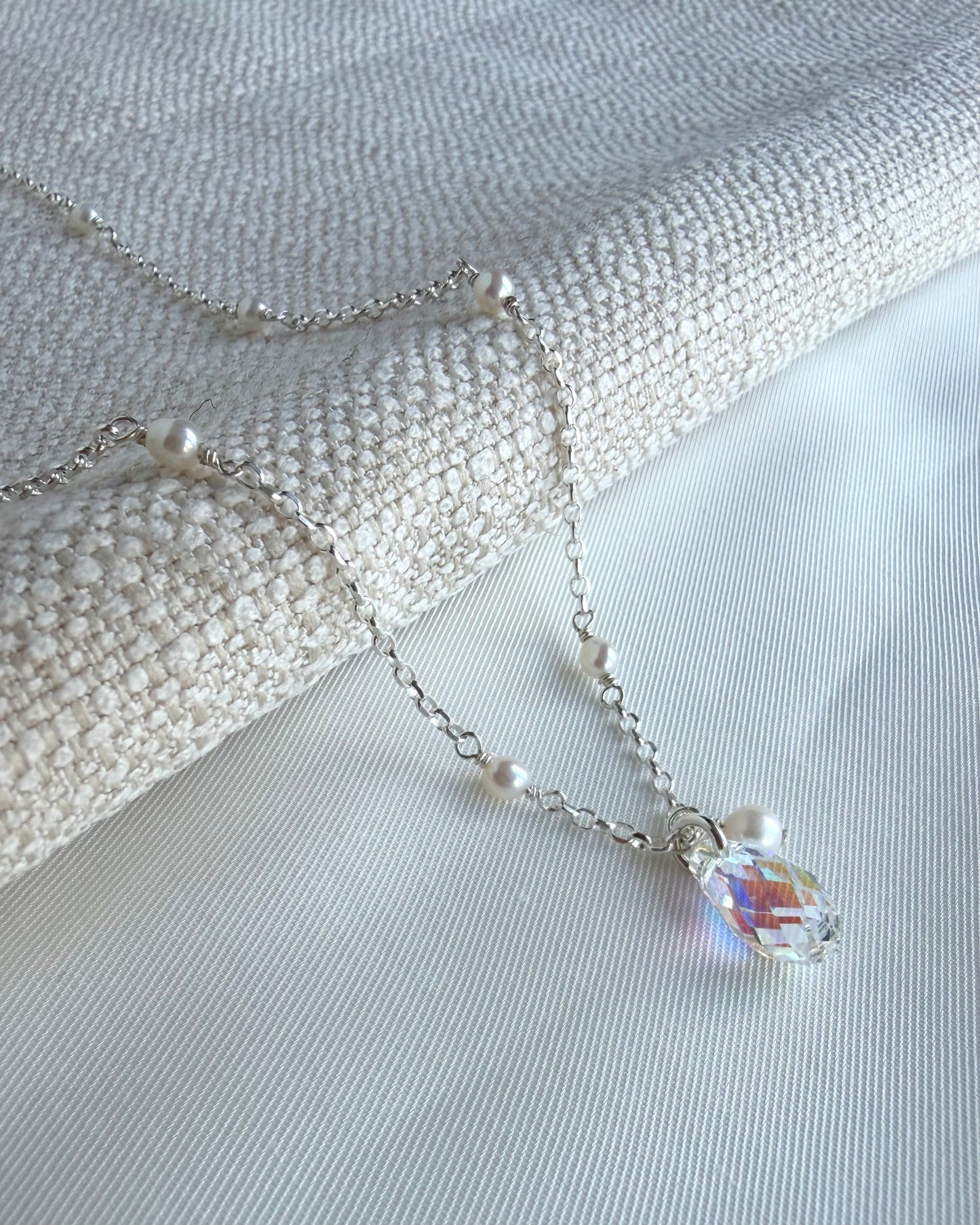 Vivienne necklace with Swarovski crystal and freshwater pearl detail in sterling silver or 14k gold filled delicate bridal necklace design
