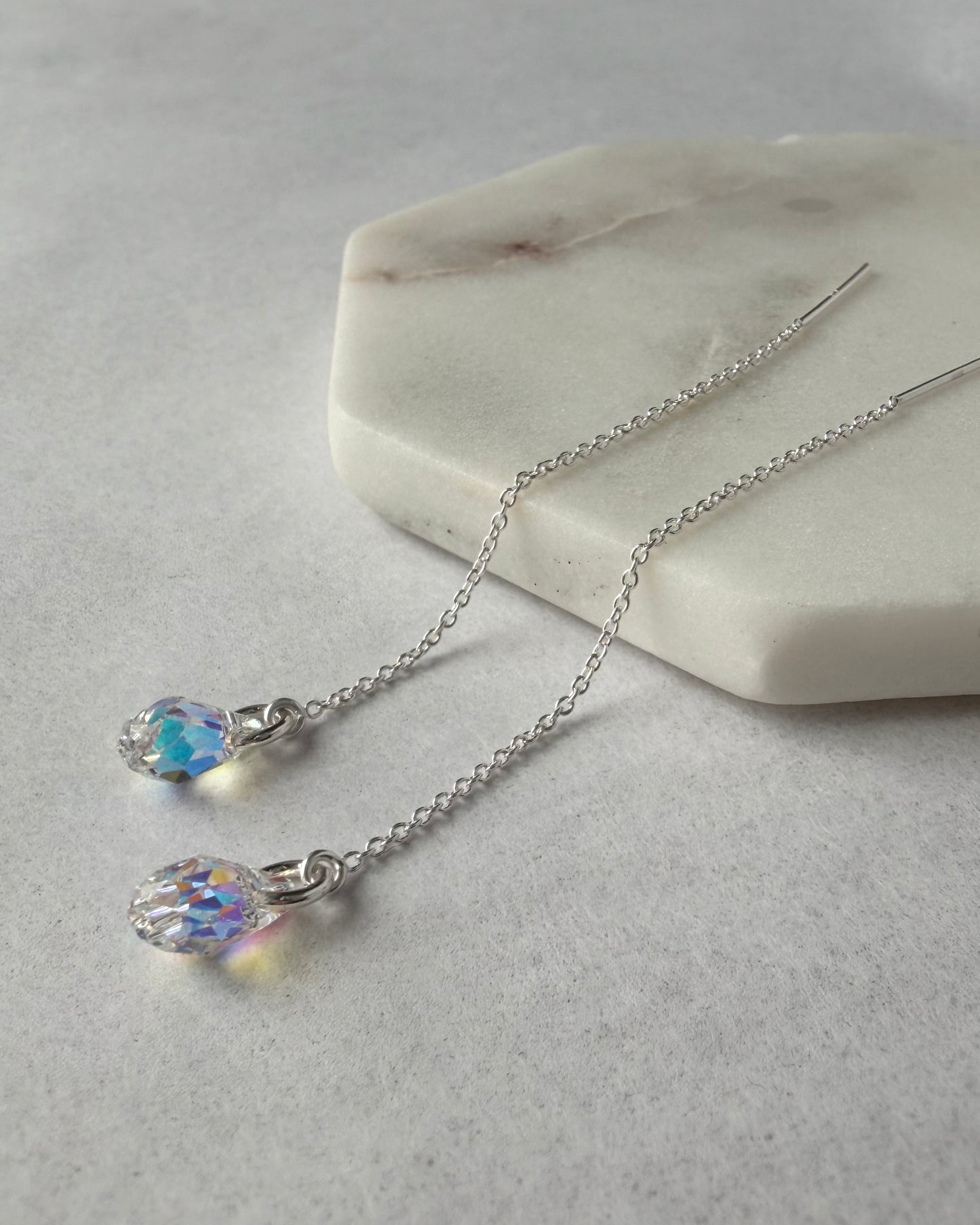 Minimal Swarovski Teardrop Threader Earrings in Sterling Silver or 14K Gold Filled