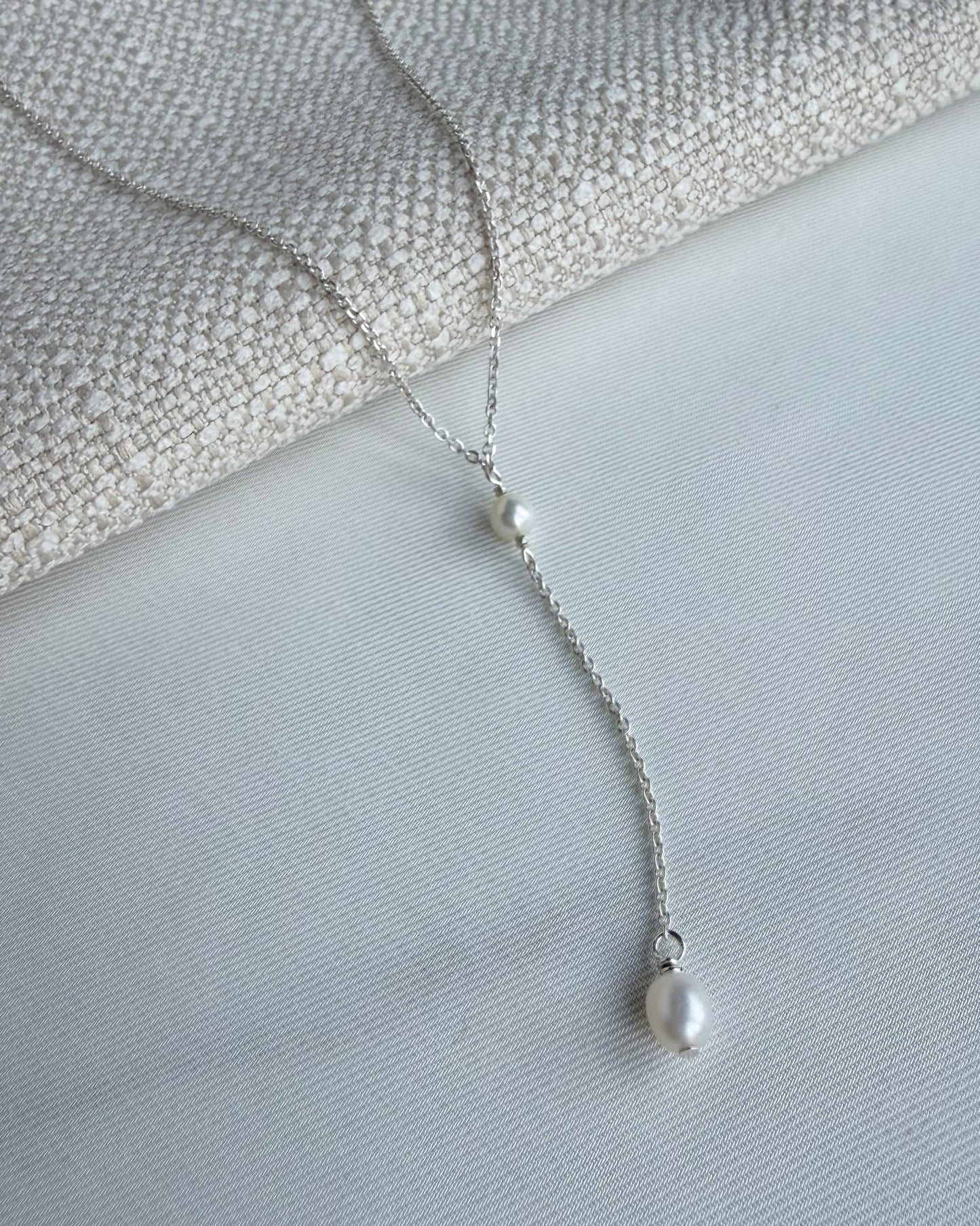 Delicate Y-shaped pearl necklace with small center pearl and floating drop pearl in gold filled or sterling silver