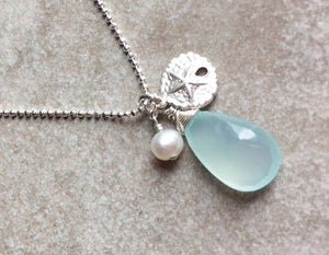 Aqua chalcedony sand dollar pendant necklace